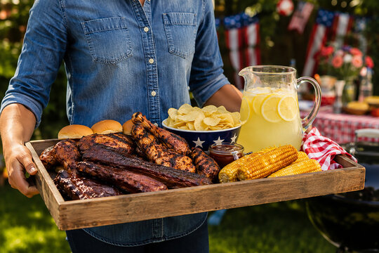 Person holding large wooden tray of grilled barbecue meat and fresh lemonade for summer celebration.