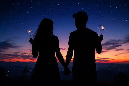 Silhouette of couple holding glowing sparklers against colorful sunset sky with stars and mountains.