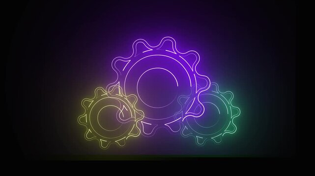 Three interlocking neon gears in purple yellow and green hues. Industrial three interlocking neon gears in purple yellow for mechanics. Mechanical three interlocking neon gears in purple yellow.