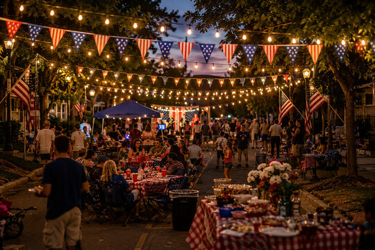 Outdoor neighborhood block party at night with people dining under string lights and flag buntings.