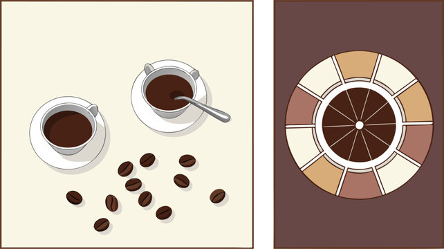 Minimalist coffee vector illustration set, top view of espresso cups with roasted beans, aromatic coffee flavor wheel chart for cafe branding