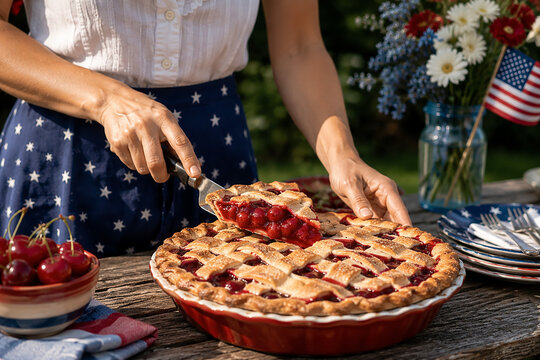 Woman serving cherry pie outdoors with american flag decoration for holiday celebration.