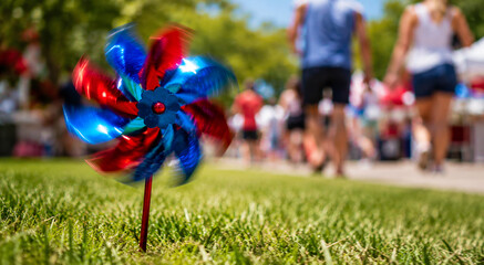Red white and blue pinwheel spins in grass, blurred background of people celebrating, festive summer day.