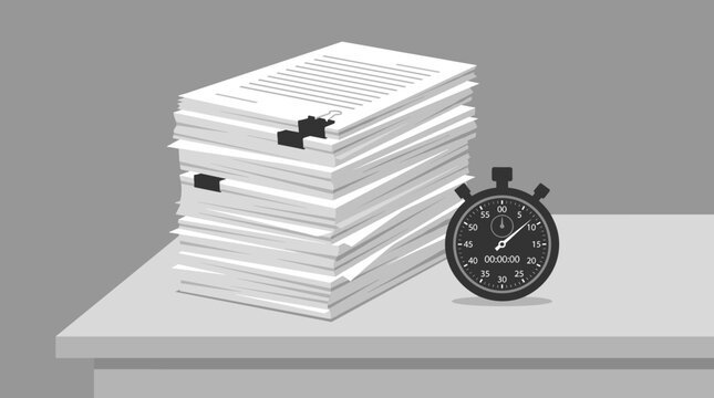 Large stack of paperwork beside stopwatch on office desk, paperwork, stopwatch, documents, deadline, office, stack, time, pressure