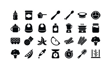 Obraz premium Nursery toddler child dining accessories and safety meal prep items clean solid filled vector icon set showing exactly 24 unique