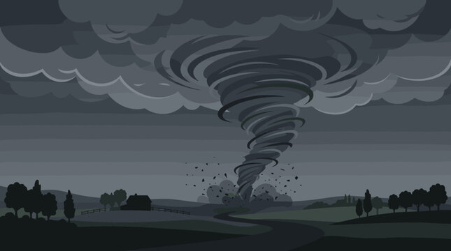 Tornado funnel twisting under storm clouds over dark landscape, tornado, storm, funnel, clouds, weather, disaster, wind, danger,
