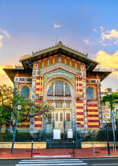 Obraz premium The vibrant facade of the Schoelcher Library at sunset in Fort-de-France, Martinique, showcasing its unique eclectic architecture and colorful details.