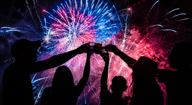 Group of friends cheering with drinks raised high during outdoor nighttime firework celebration show.