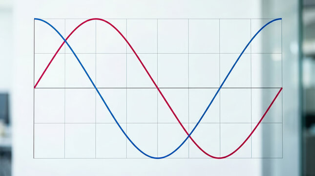 Intersecting sine and cosine wave lines on a grid graph. Minimalist mathematical diagram with blue and red curves in an office setting