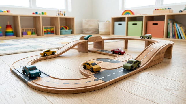 Wooden toy road track with colorful cars in a modern playroom. Educational wooden rail and vehicle playset on the floor
