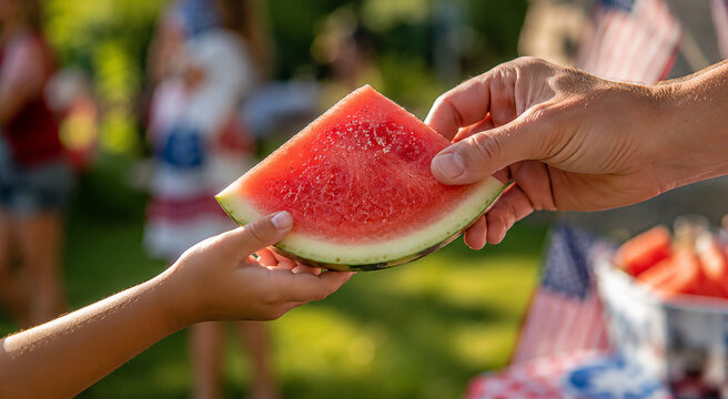 Adult hand passing slice of juicy watermelon to child at outdoor summer picnic during fourth of july.
