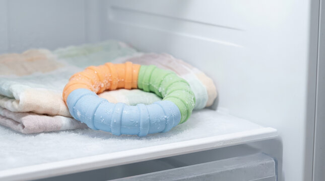 Frozen silicone baby teething ring in the freezer. Cold textured teething toy for infant gum pain relief