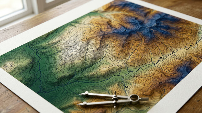 Topographic map with dense contour lines and drafting compass. Cartography and route planning on a wooden table