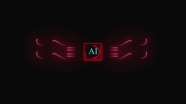 Neon AI chip icon with red border on dark background. Technical neon AI chip icon for hardware processing data. Modern neon AI chip icon computing animation.