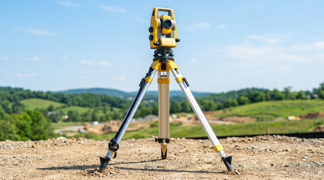 Surveying tripod setup on leveled ground. Yellow total station theodolite at construction site