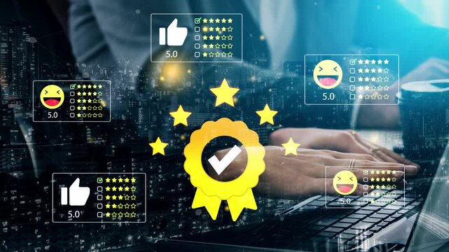 Creative graphic showing digital rating and feedback system with yellow badge of excellence featuring ratings and emoticons against urban backdrop. Entropy.