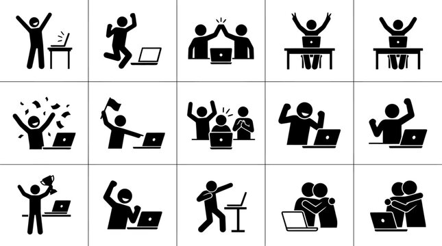 Black silhouette icons of people celebrating with laptops.