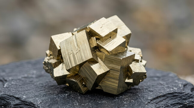 Close up of a natural pyrite crystal cluster on a dark stone. Metallic cubic fool's gold mineral specimen
