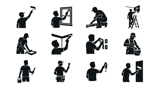 Silhouette icons of people working construction.