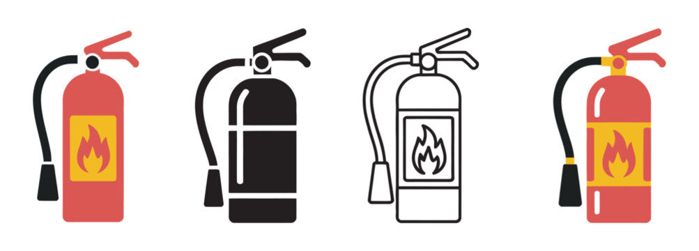 Fire extinguisher icons set, color silhouette outline and isometric styles for safety equipment, emergency and industrial design
