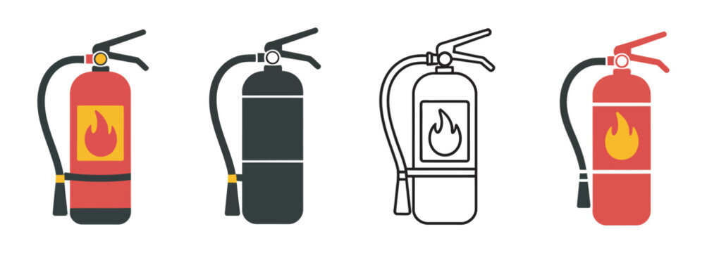 Fire extinguisher icons set, four style collection including color, silhouette, outline and isometric for fire safety applications