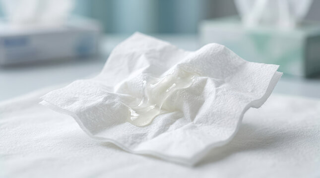 Thick viscous mucus discharge on crumpled white tissue paper. Close up of nasal secretion representing cold or allergy symptom