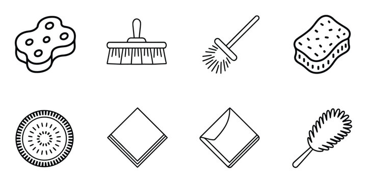 Cleaning supplies icons showcasing sponge, scrub brush, toilet brush, duster, microfiber cloth, and dishcloth for hygiene vector projects.