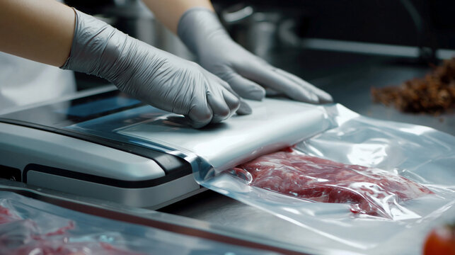 Worker sealing raw meat in vacuum packaging using a machine. Gloved hands sealing vacuum bag