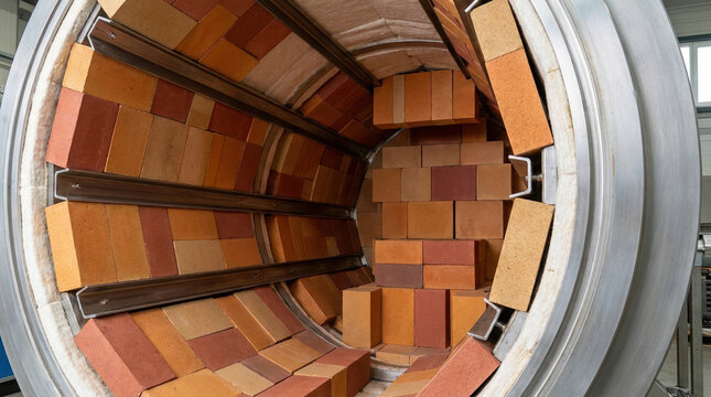 Inside view of a cylindrical industrial rotary kiln. Refractory brick lining and metal rails inside a furnace chamber. Heavy industry equipment