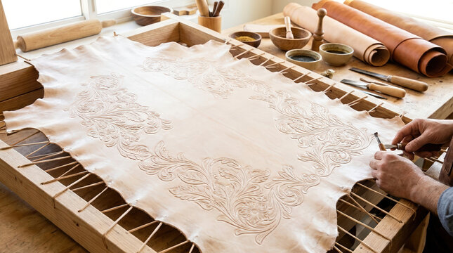 Tooled leather hide stretched on wooden frame in workshop. Craftsman carving floral pattern on leather