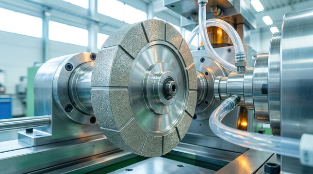 Industrial grinding wheel with abrasive surface on a precision machine. Close up of glass processing equipment in a factory