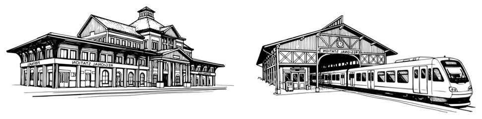 Train station and modern commuter train vector set, railway terminal building and locomotive sketch, black and white transportation line art © JakubVectorSketch