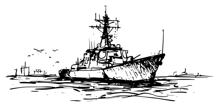 Naval warship at sea vector illustration, military destroyer vessel sketch, maritime navy boat in ocean line art, black and white nautical design