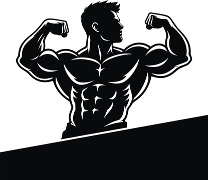 Strong bodybuilder silhouette flexing bicep muscles, athletic male fitness model posing for gym workout, bold black vector illustration isolated on white background for gym and bodybuilding branding.