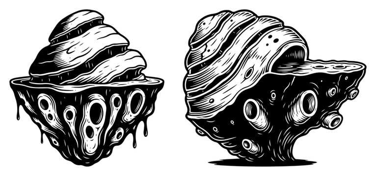 Surreal floating island planets vector set, abstract organic rock formations with holes sketch, black and white alien landscape or microscopic cell art