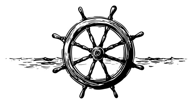 Vintage nautical ship wheel helm vector, hand drawn maritime steering wheel on ocean horizon sketch, black and white sailing design