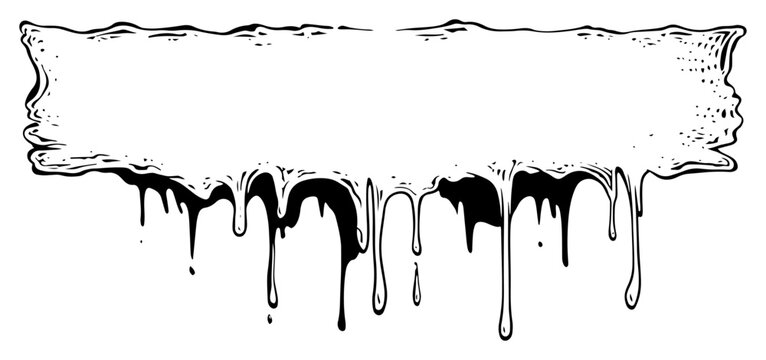 Melting banner with dripping liquid vector, hand drawn ink frame with copy space, black and white slime or paint drip border illustration