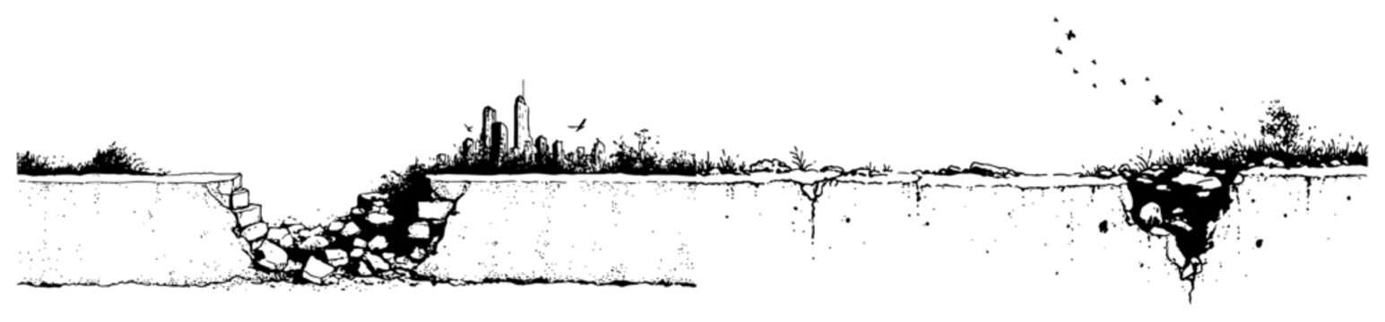 Panoramic city skyline behind broken ground vector, hand drawn urban disaster or earthquake sketch, black and white landscape with buildings
