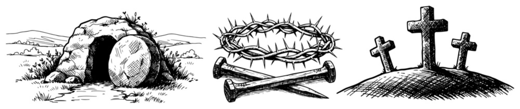 Easter religious Christian symbols vector set, empty tomb rolled stone crown of thorns and crosses on hill sketch, resurrection illustration