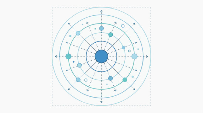 Abstract concentric circles with radiating lines and dots representing data flow or network connections in blue hues
