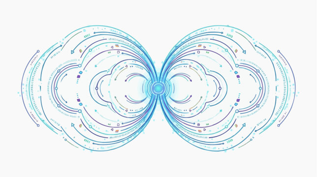 Abstract digital network flow with binary code and arrows in blue and purple hues