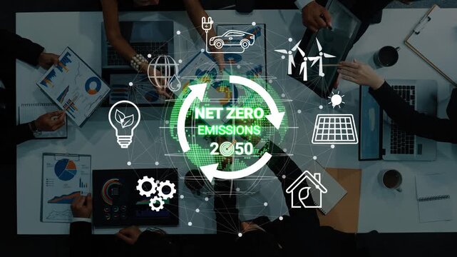 Business Meeting Collaborators Discuss Strategies for Achieving Net Zero Emissions by 2050 with Goals and Innovative Solutions to Combat Climate Change. Entropy.