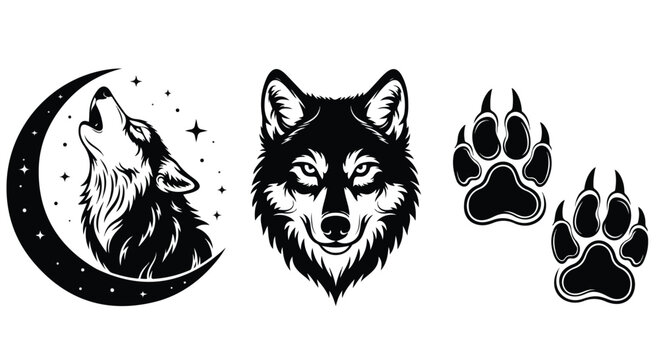 Black and white wolf tattoo designs with howling wolf on moon, wolf head, and paw prints