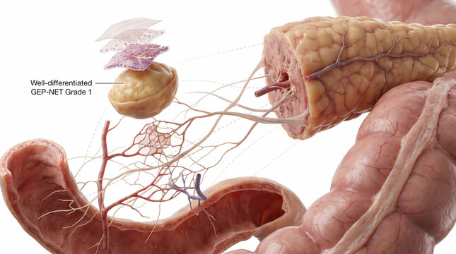 Well-differentiated GEP-NET Grade 1 Tumor in a Digestive System Cross-section