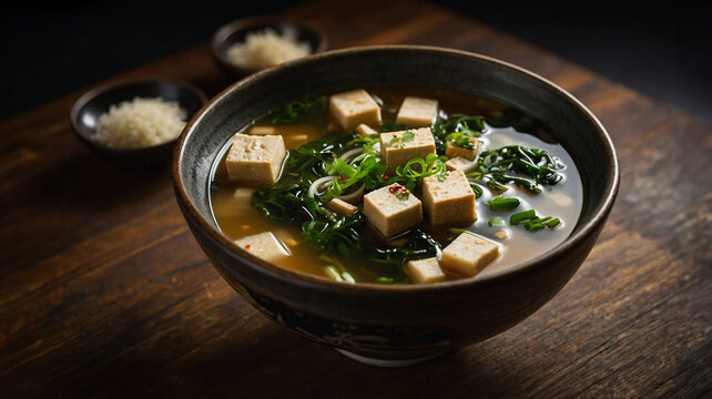 Traditional Japanese miso soup with tofu, wakame seaweed and green onions served in a ceramic bowl. Soup rich in umami flavor