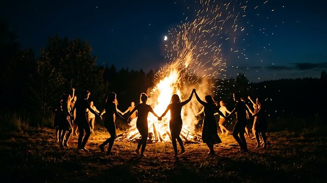 Group of people dancing in a circle around a bright bonfire at night