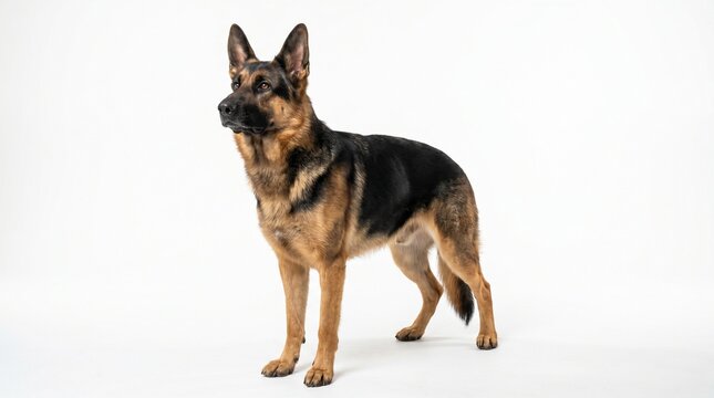 A majestic German Shepherd dog stands alertly on a clean white background, showcasing its intelligent gaze and strong physique