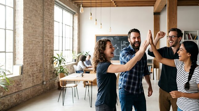 Happy diverse team celebrating success with high fives in office