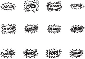 Comic speech bubble set with POP KRASH KABOOM WOW sound words, retro cartoon vector collection © MdNazmul