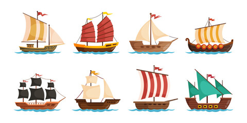 Old sailboat ships. Wooden ship cartoon ancient sail boat, pirate schooner vintage sea vessel ocean water warship ark galleon caravel historical transport funny vector illustration © Hito4i